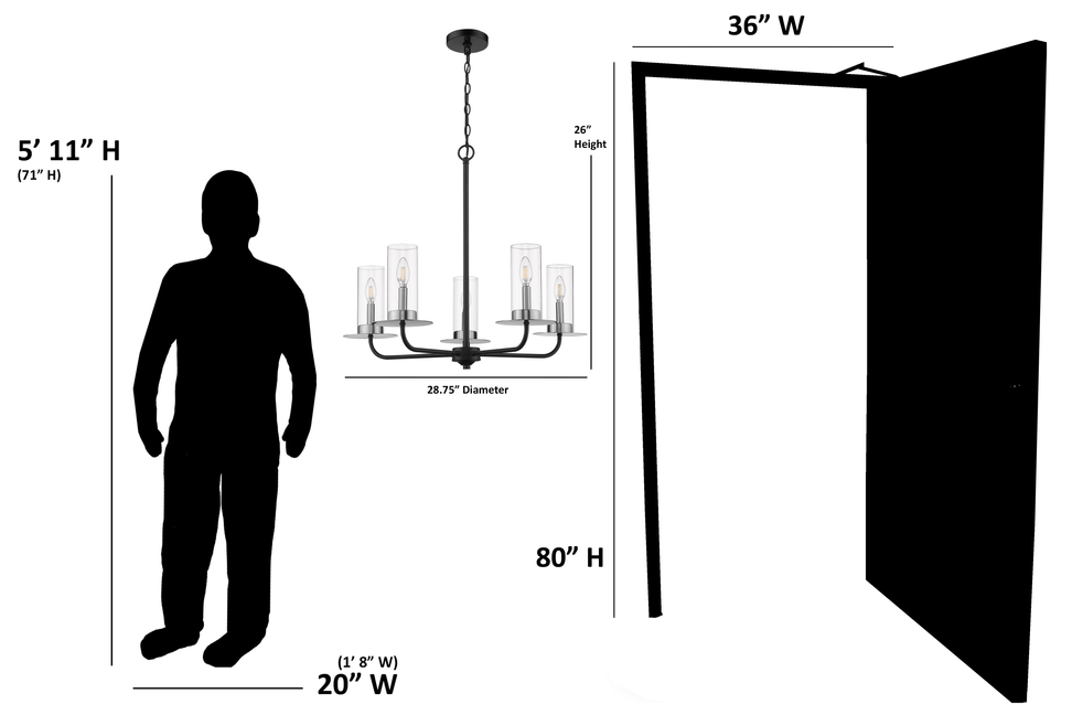 Aura Contemporary 5-Light Cylinder Chandelier with Clear Glass Shades - Black & Nickel - Vivio Lighting