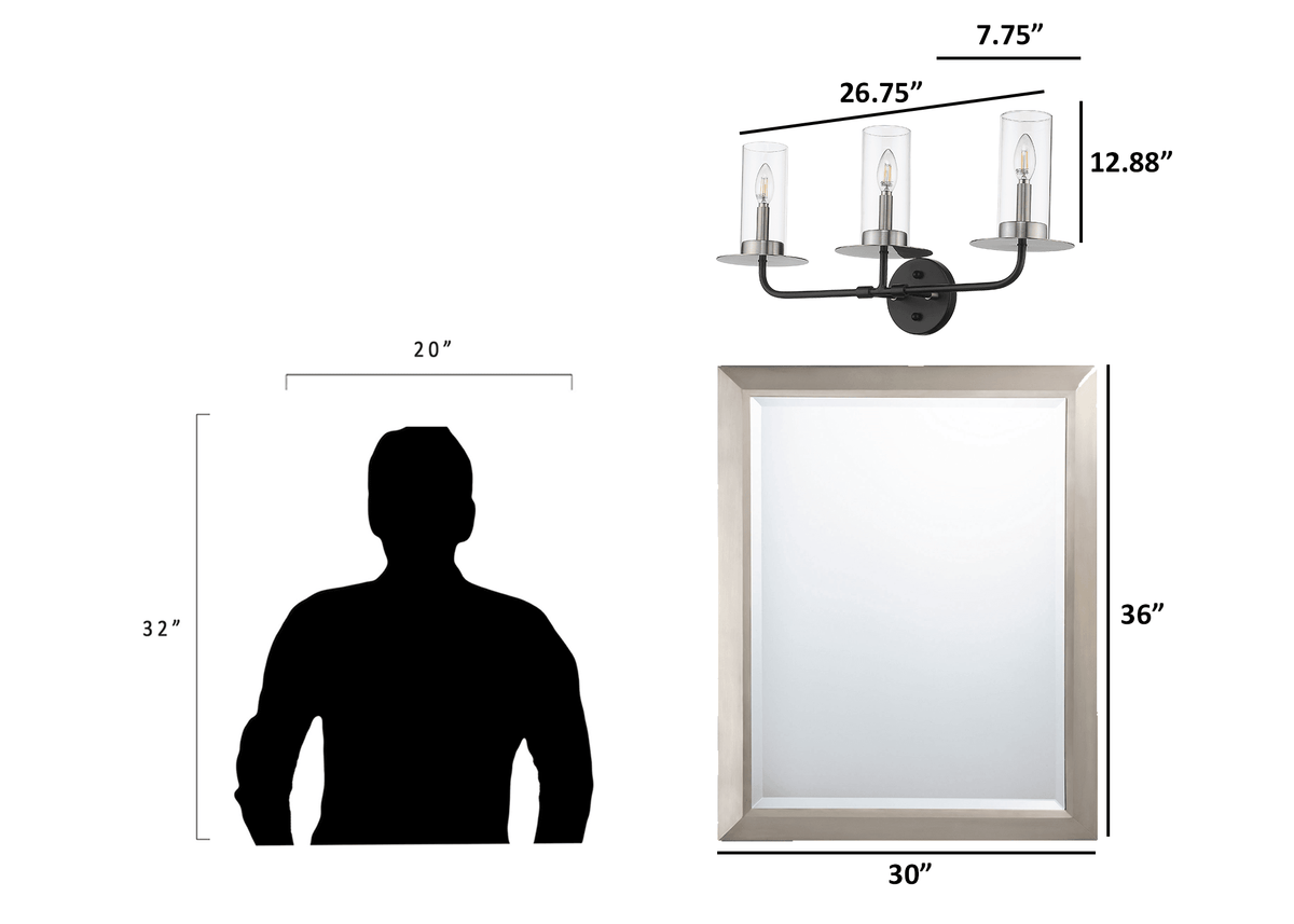Black and nickel bathroom vanity light fixtures over mirror dimension - Vivio Lighting
