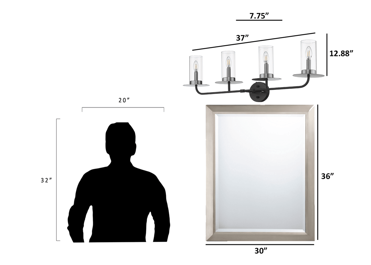 Black and nickel bathroom vanity light fixtures over mirror dimension