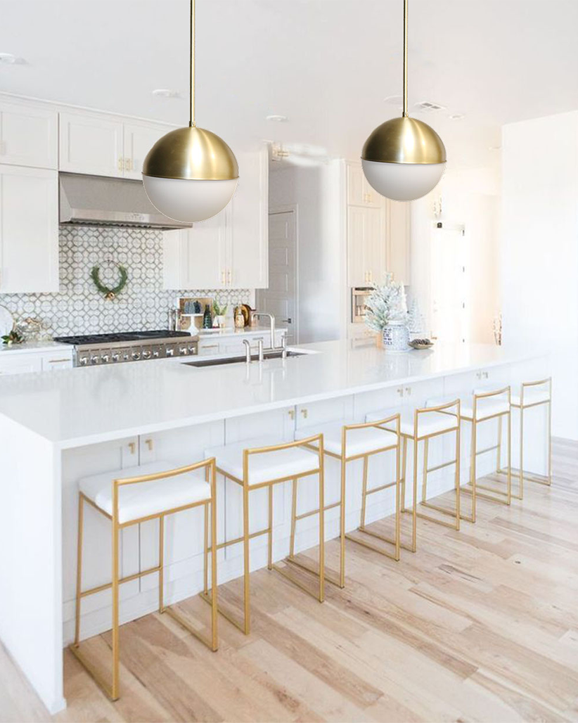 White and gold pendant light fixture kitchen island