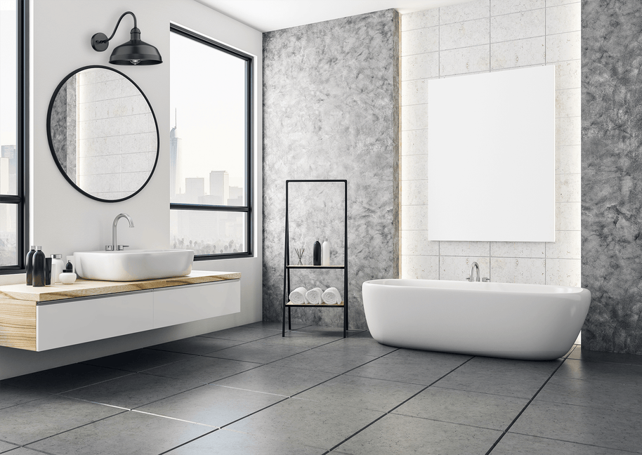 Modern black bathroom gooseneck wall lights over mirror