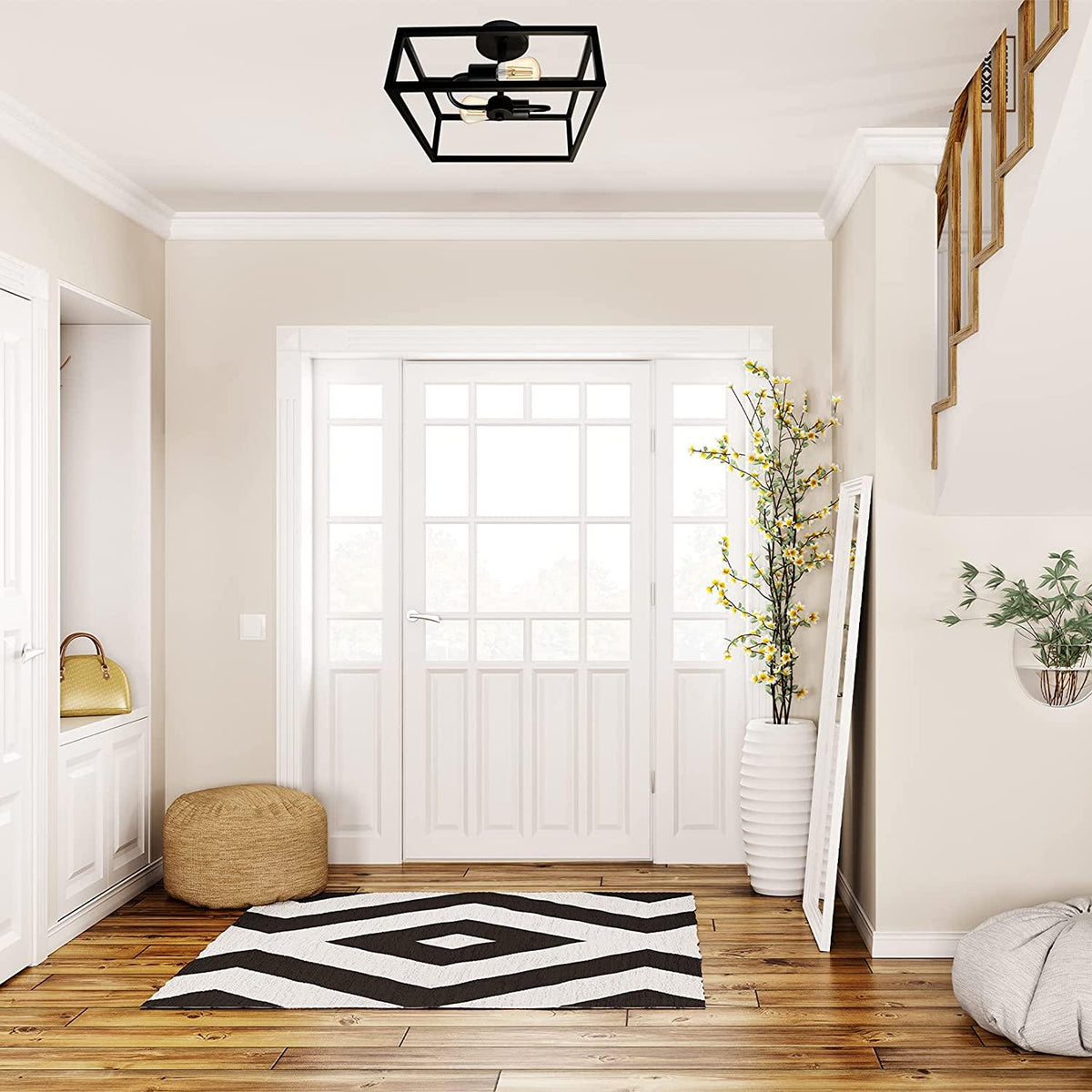 Black square ceiling mounted light with 2 light by entryway