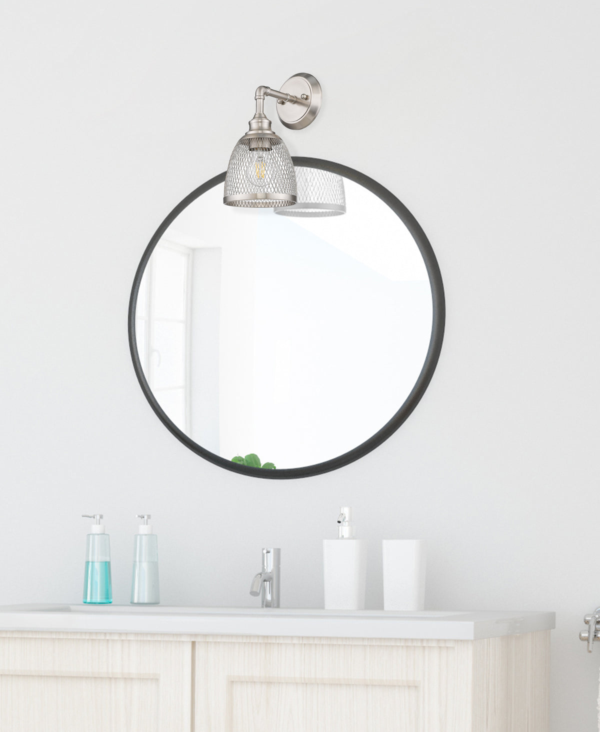 Brushed nickel vanity light fixtures with 1 light over mirror