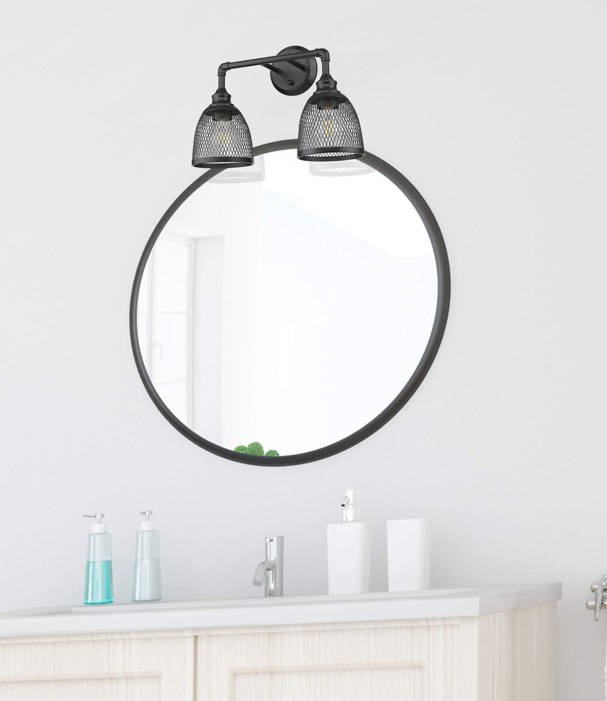 Matte black bathroom vanity light fixtures over mirror