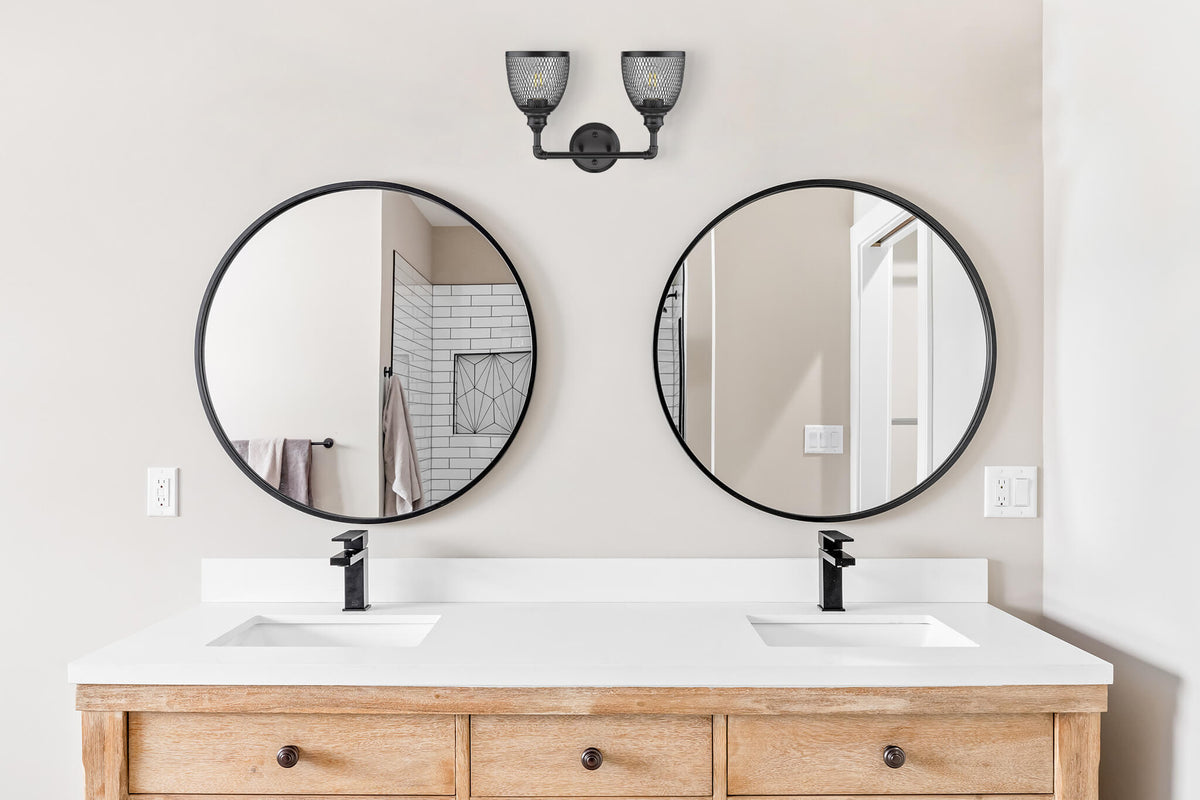 Matte black bathroom vanity light fixtures over mirror