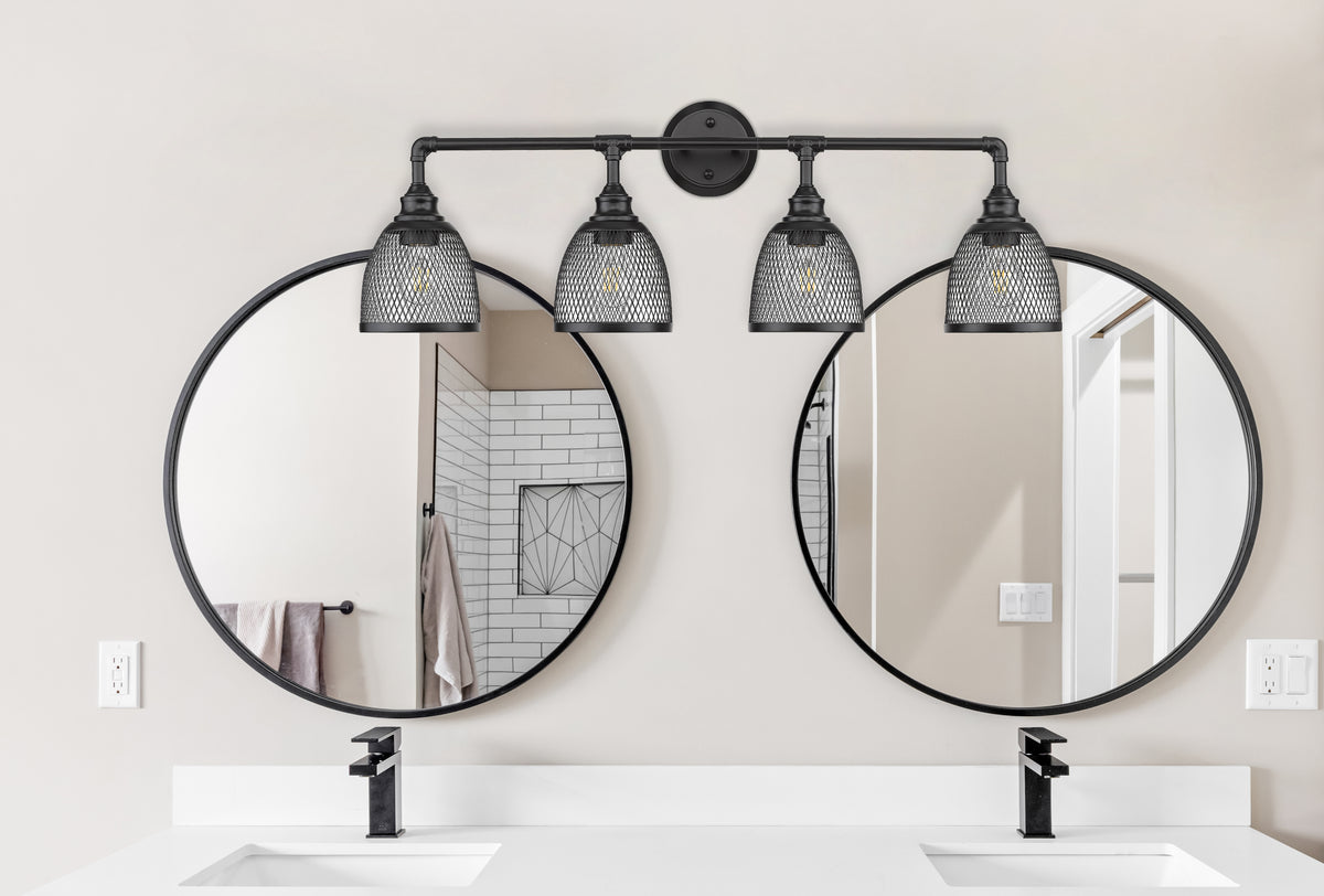 Black bathroom vanity light fixtures over mirror