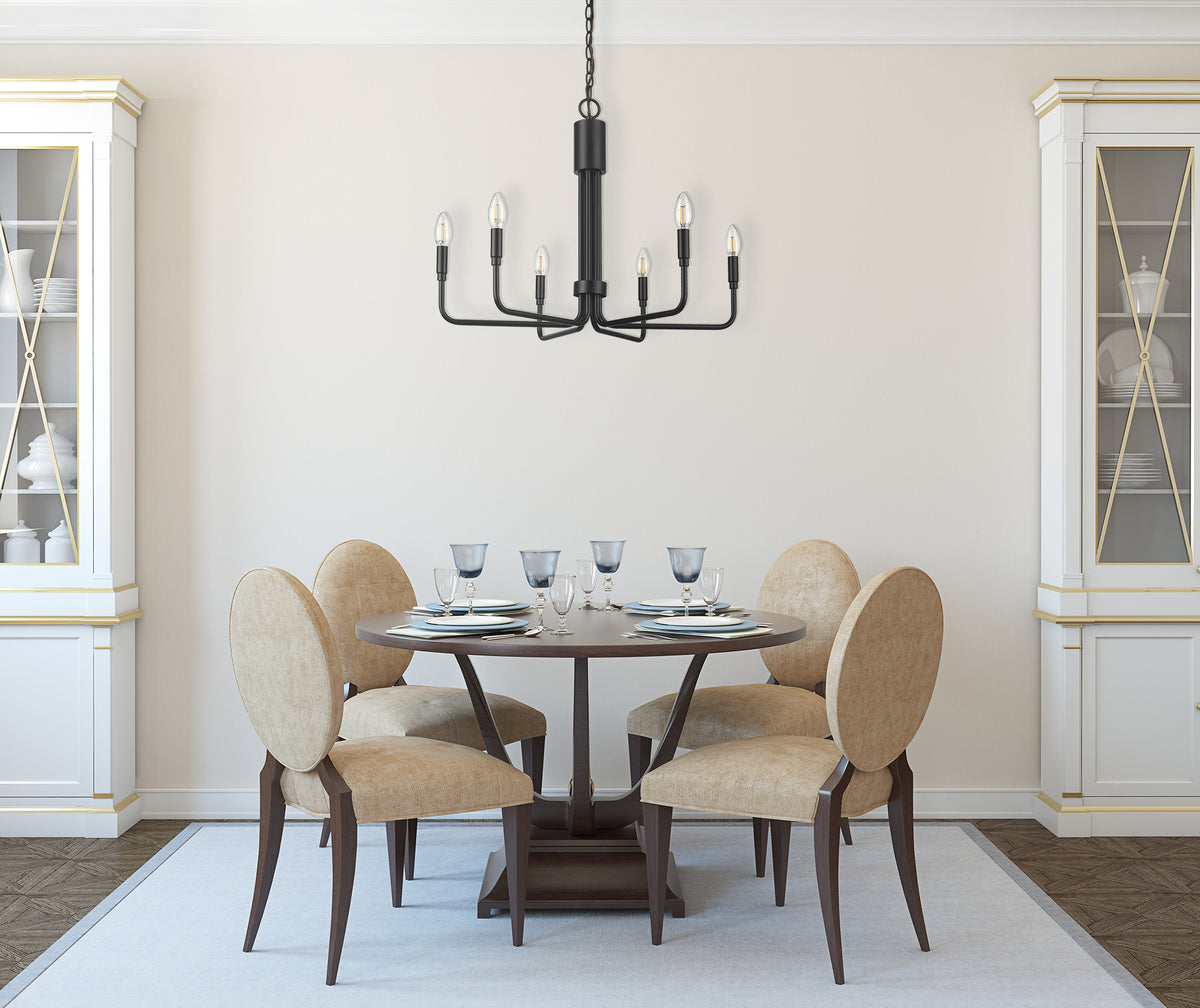 6-light black matte modern candle style chandelier in dining room