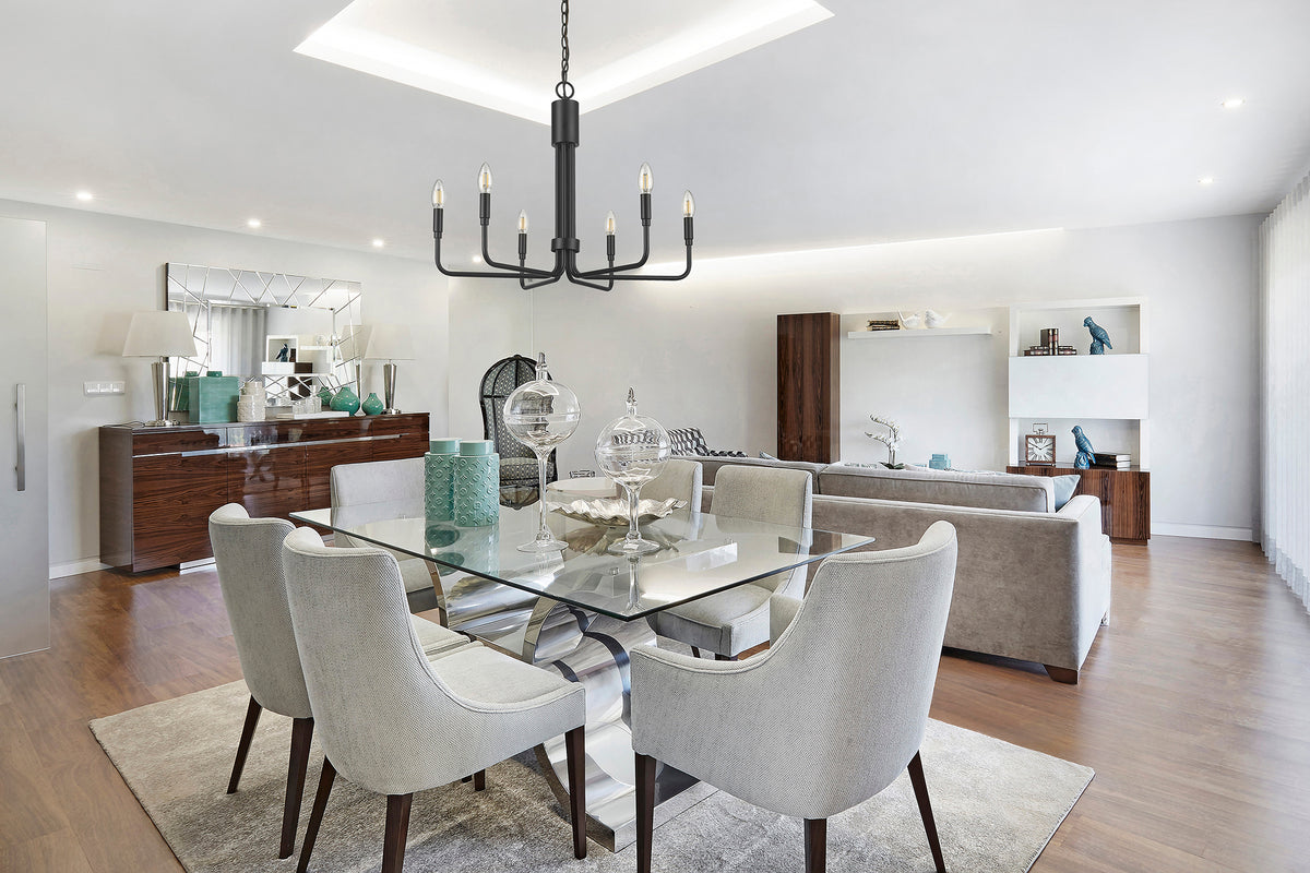 black chandelier over dining table living room