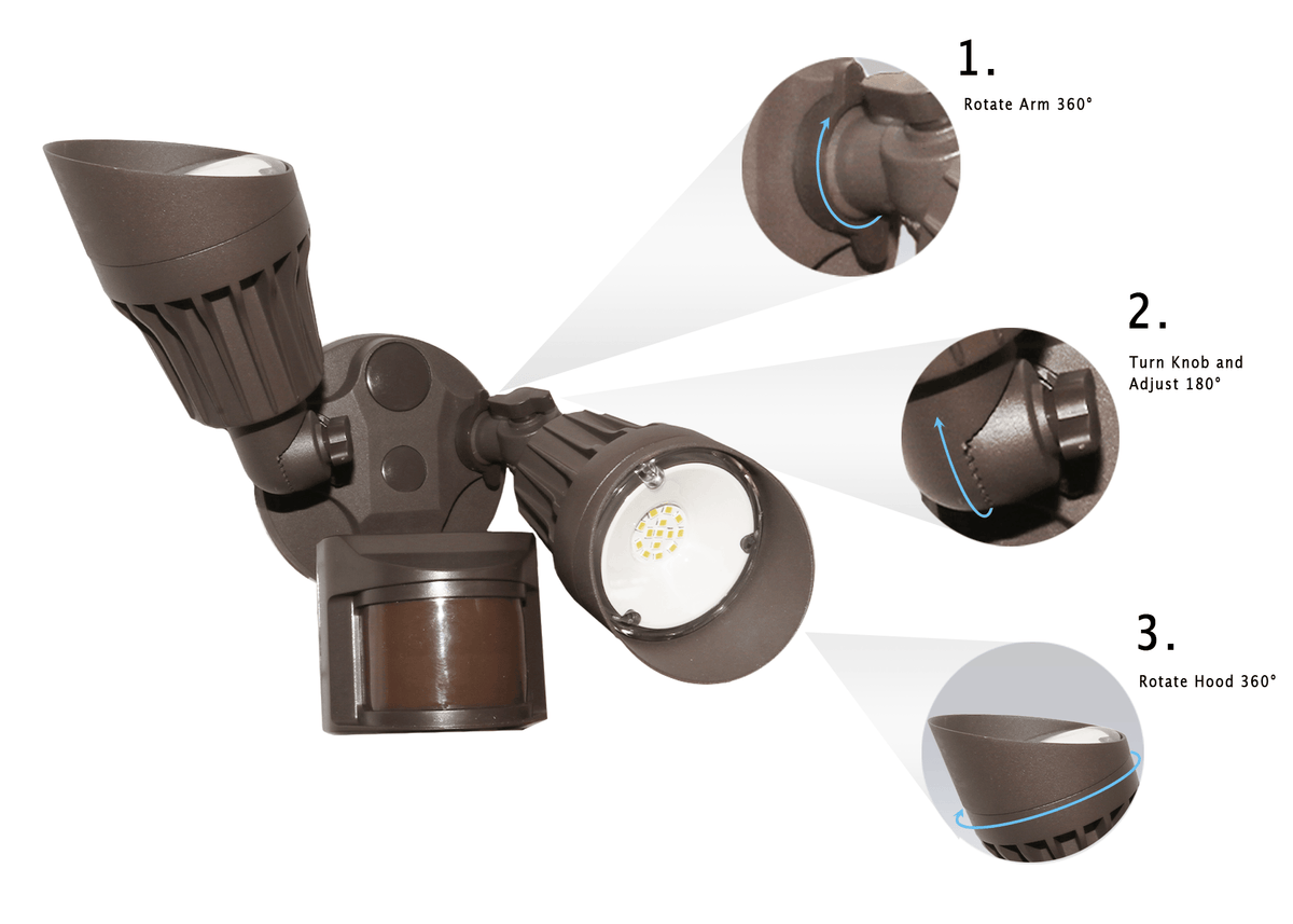 Black outdoor security lights with motion sensor with 2 light