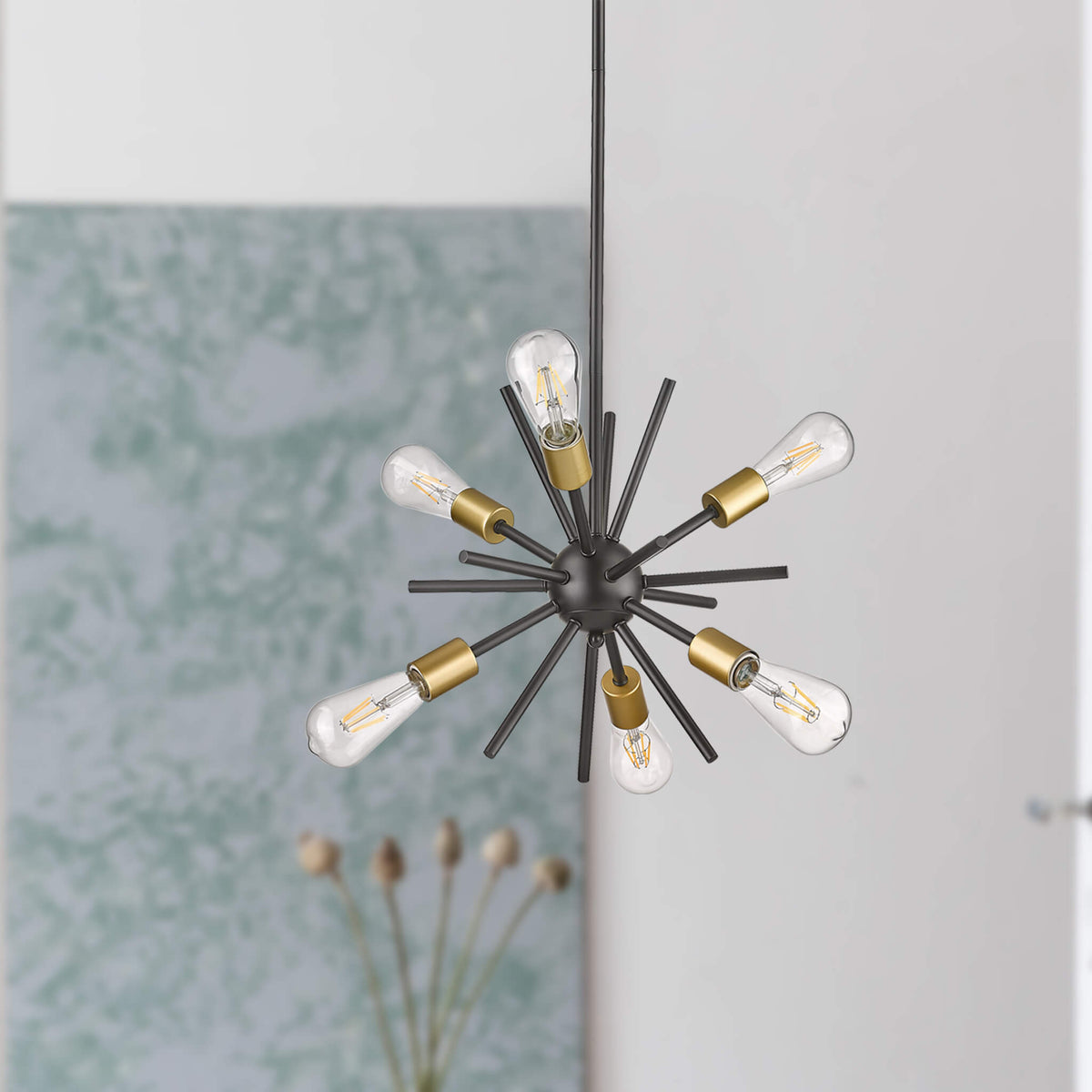 6-Light matte black modern sputnik chandelier for living room, island kitchen, dining room