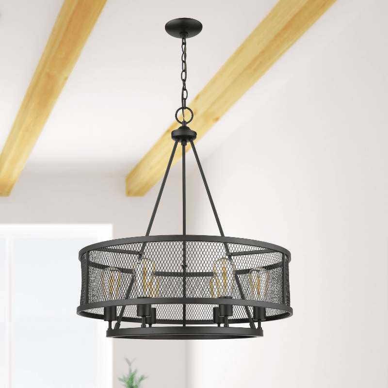 Modern black mesh drum shade chandelier hanging