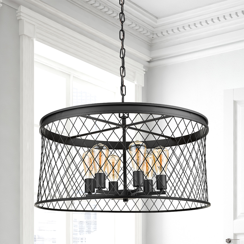 Black farmhouse mesh cage chandelier with 6 lights hanging