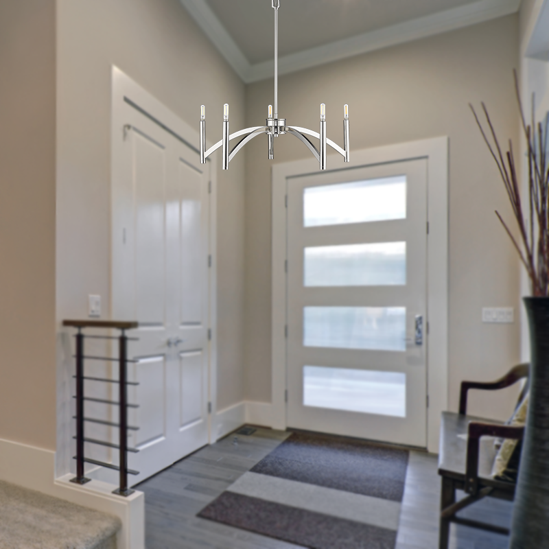Polished nickel vintage candle chandelier at entrance - Vivio Lighting