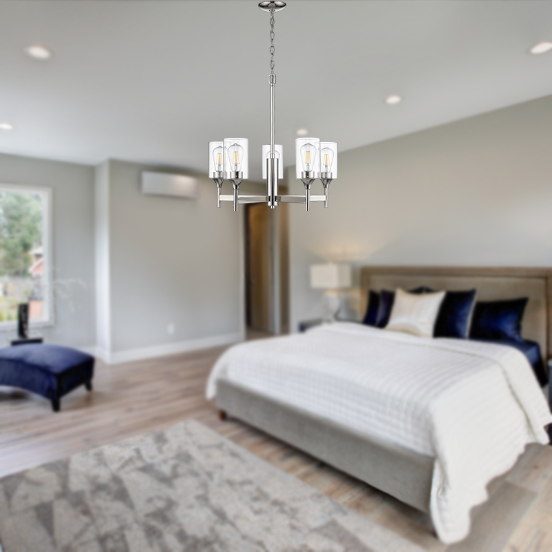 Nickel clear glass cylinder chandelier with 5 lights in bedroom