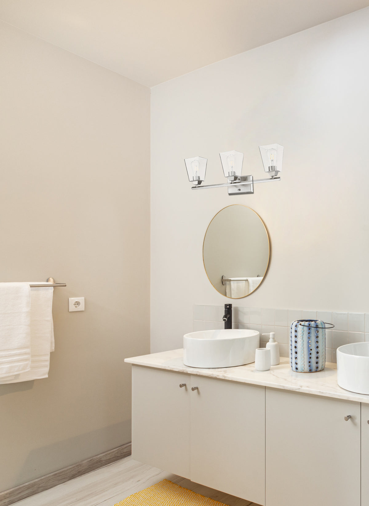 Nickel bathroom vanity light bar with 3 light over mirror