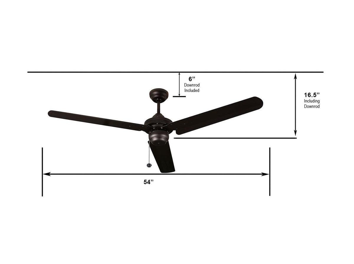 54 inch black ceiling fan no light 3 blade - dimension