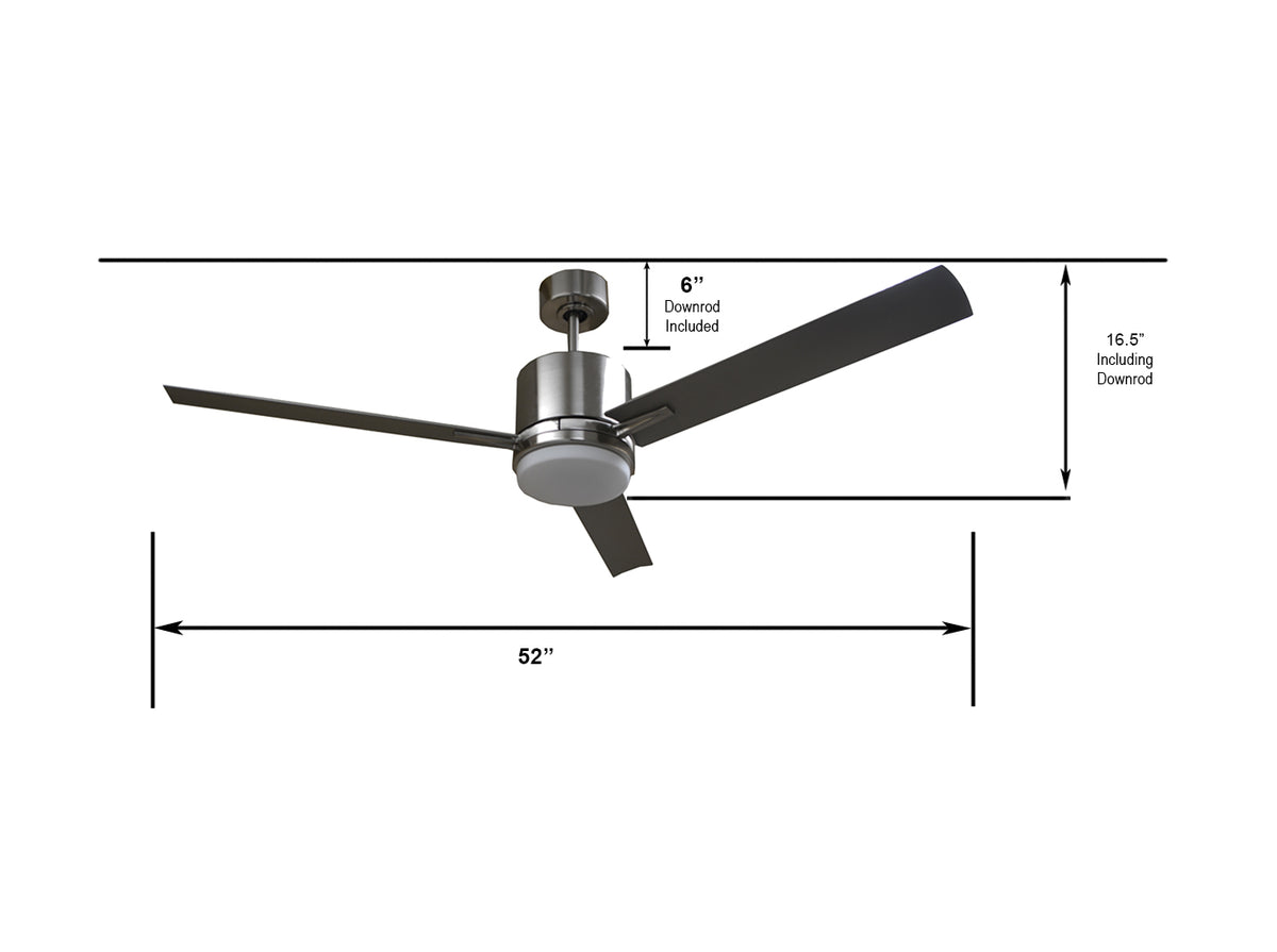 Brushed nickel modern ceiling fan with lights dimension - Vivio Lighting