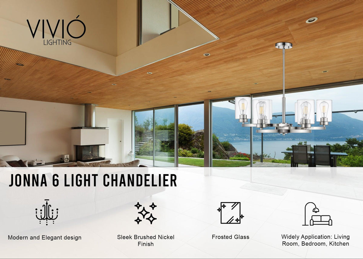 Jonna 6-Light Contemporary Chandelier with Cylinder Shades - Nickel - Vivio Lighting