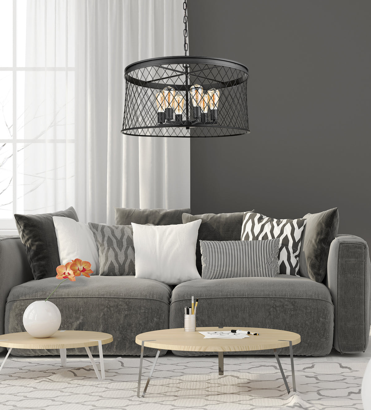 Black drum chandelier mesh cage over sofa living room