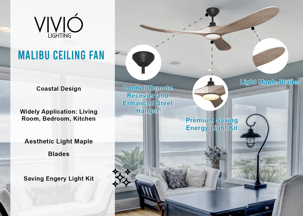 Malibu 3-blade wood ceiling fan with light - Vivio Lighting