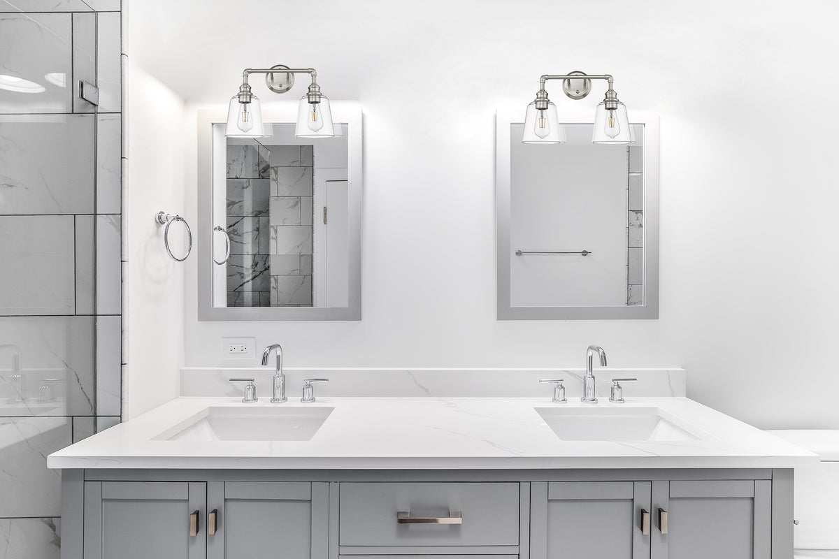 Nickel bathroom vanity light fixtures with 2 light over mirror