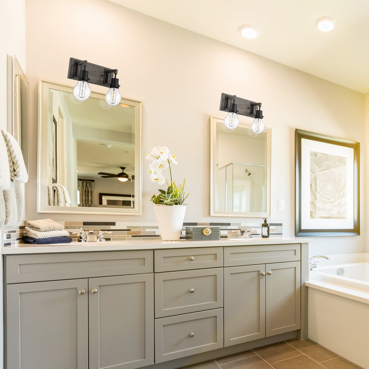 Modern bathroom black wooden vanity light over mirror - Vivio Lighting