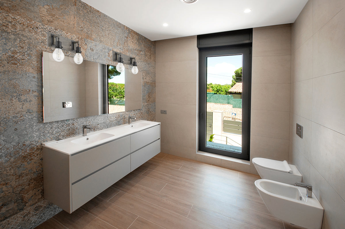 Modern bathroom black wooden vanity light over mirror