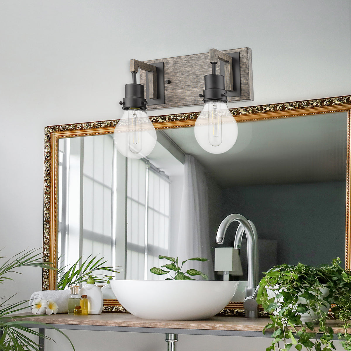 Modern bathroom black wooden vanity light over mirror