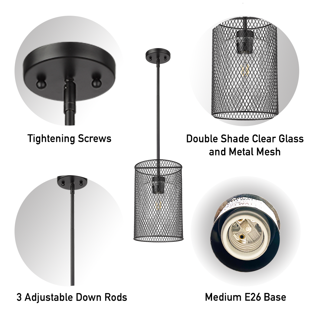 Black mesh modern cylinder pendant lighting details - Vivio Lighting