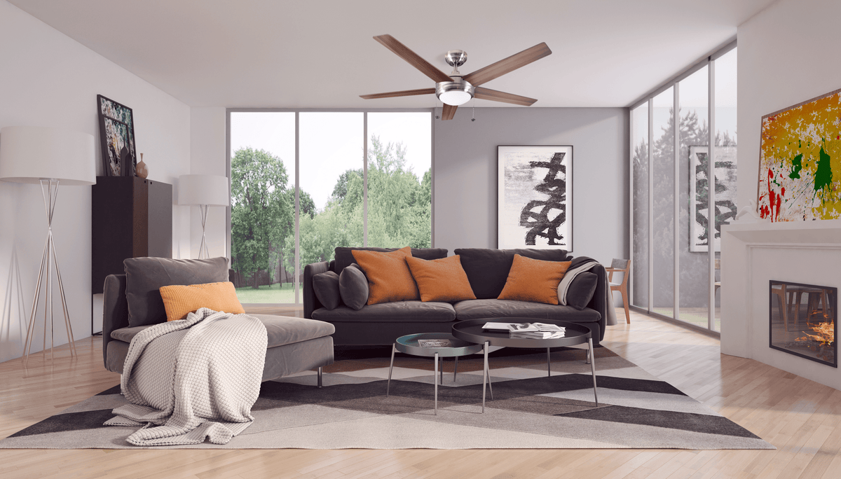 Nickel modern ceiling fans with light in living room - Vivio Lighting