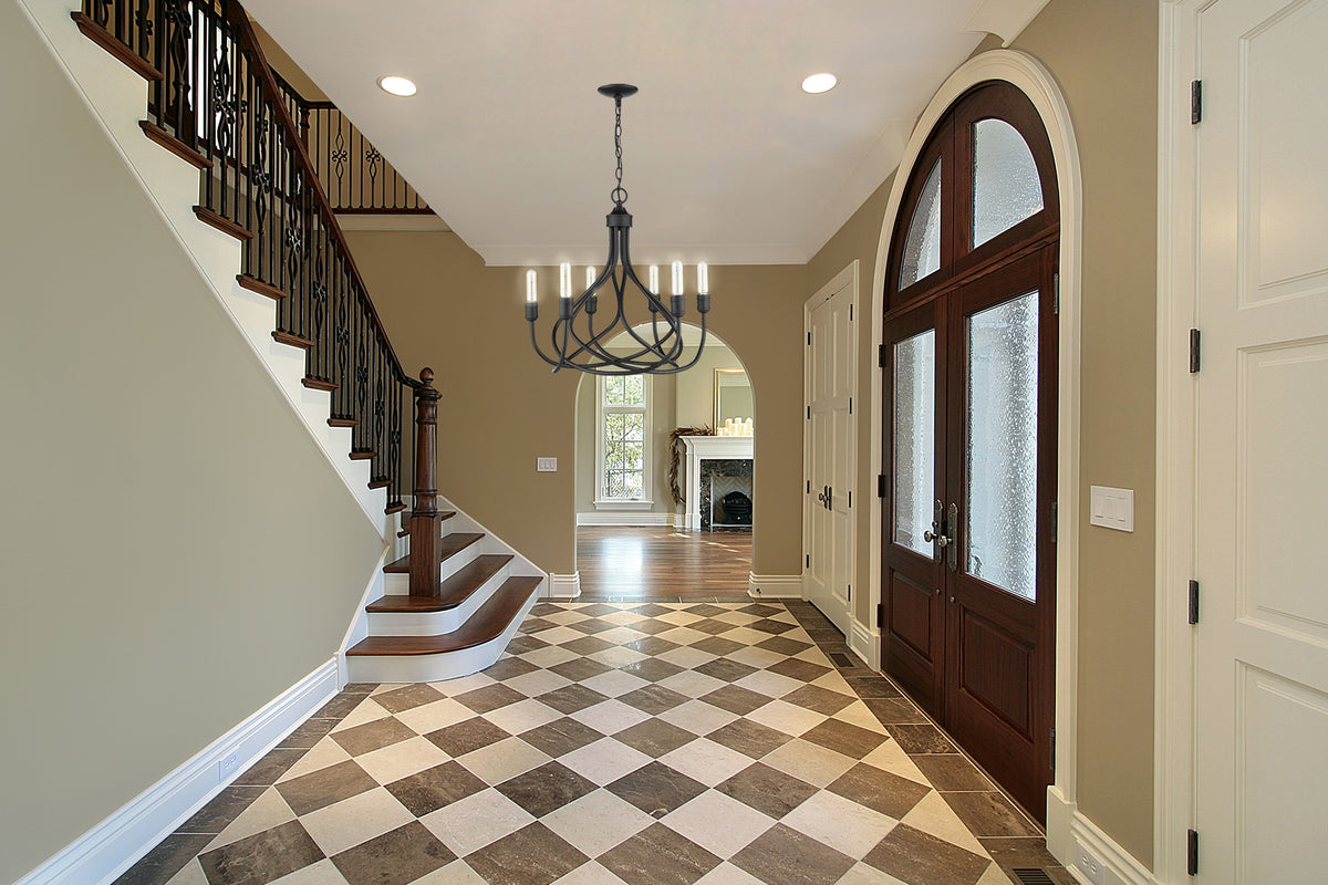 Entryway chandelier matte black with 6 taper candle lights